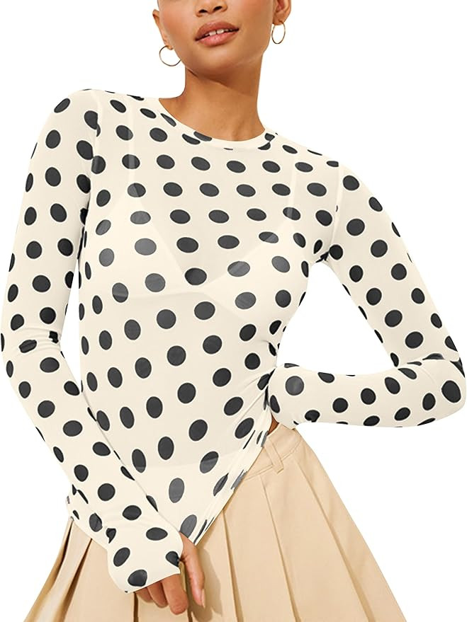 Polka Dots Lace Mesh Tops for Women Sheer Long Sleeve Top Sexy Crew Neck See Through Shirts Party... | Amazon (US)