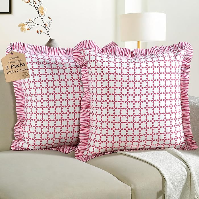 CPC Magenta Pink Hand Block Print 100% Cotton Ruffle Throw Pillow Cover 18x18 inch with Hidden Zi... | Amazon (US)