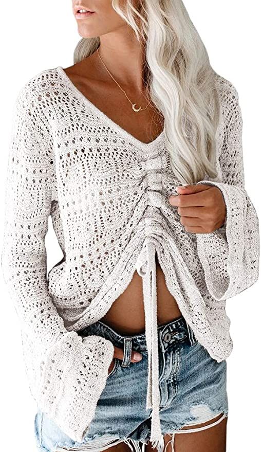 Saodimallsu Womens Boho Off Shoulder Sheer Crop Tops Bell Sleeve Flowy Oversized Crochet Ruched P... | Amazon (US)