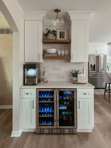 The mini bar of my dreams! Kitchen decor farmhouse style floating shelves styling tips and tricks nugget ice machine lazy susan  