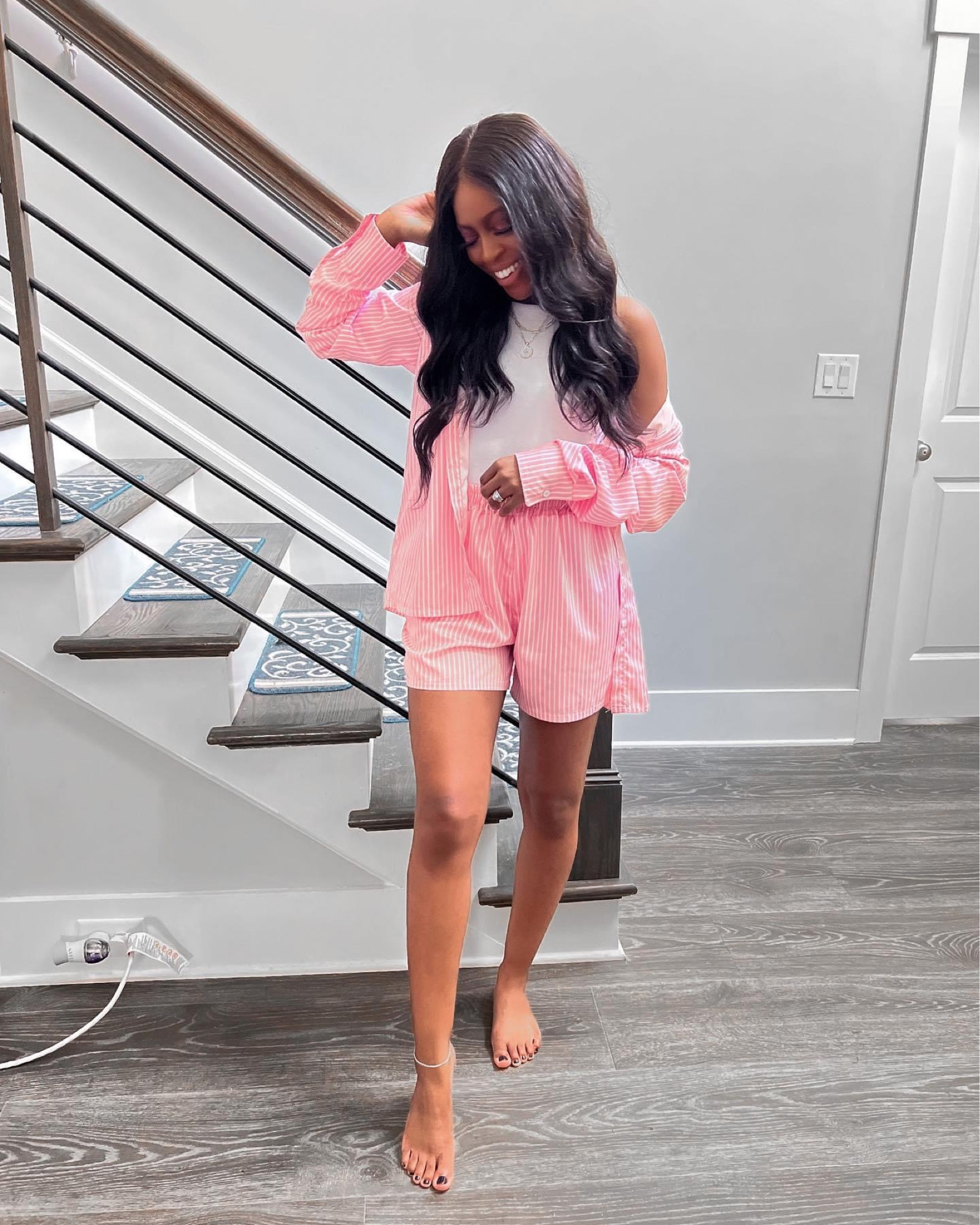 Set: I am 5’4” comfortable set, bump friendly, elastic waistband and great for lounging/traveling. •Top: Full length, wearing a small, has stretch and bump friendly. 

two piece set, stripe set, pink outfit, travel outfit, airport outfit, road trip outfit, mom to be outfit, maternity style, bump friendly, bump style, pregnancy style, ribbed racer back slim top, white tank top, initial ankle bracelet, gold ankle bracelet, casual summer outfit, summer lounge outfit, postpartum outfit 

#LTKtravel #LTKunder50 #LTKstyletip