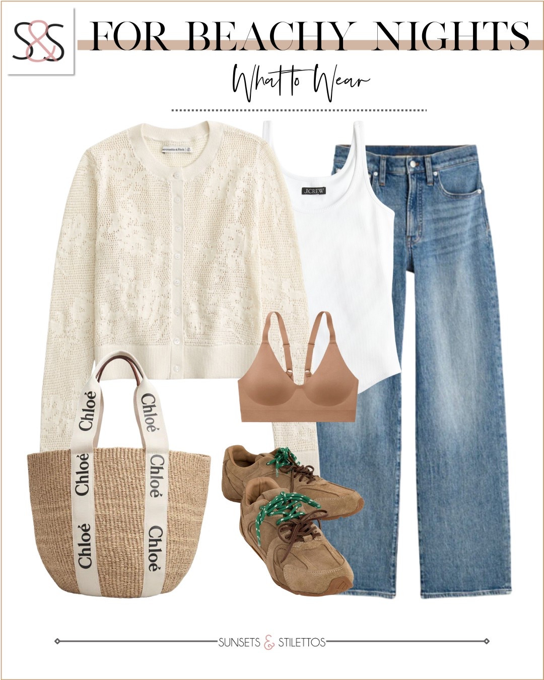 Light layers are the secret to dressing for beachy nights. A crochet cardigan brings texture to a classic white tank and denim combo while retro sneakers keep the look grounded and relaxed.

Sunsets and Stilettos beach night outfit spring layers crochet cardigan Chloe tote denim outfit idea casual vacation look sneaker style neutral outfit inspo spring travel outfit coastal casual style

#LTKSeasonal #LTKWorkwear #LTKOver40
