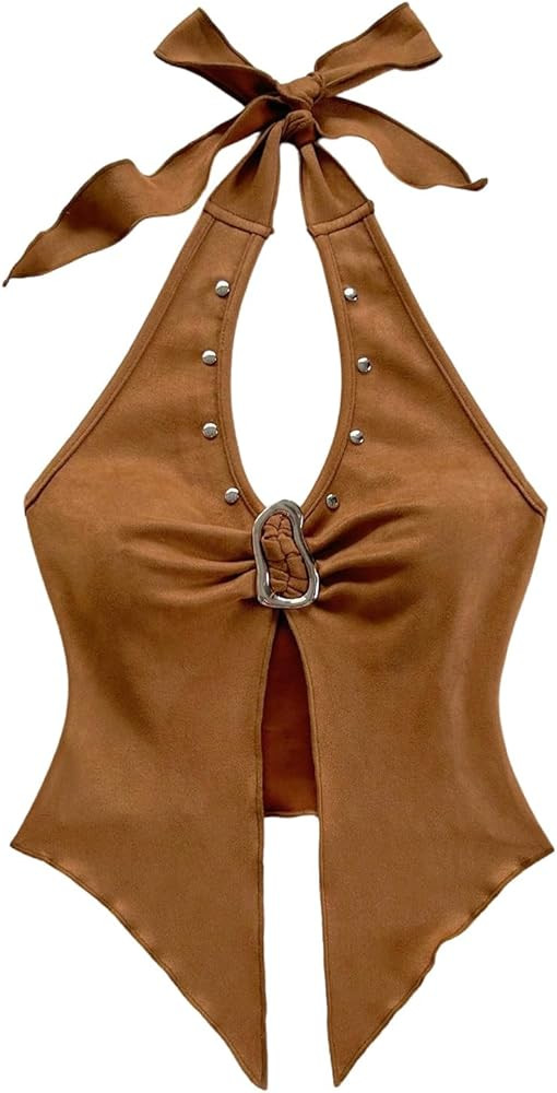 MakeMeChic Women's Halter Tops Cowboy Chic Studded Suede Tie Backless Fall Crop Tops | Amazon (US)