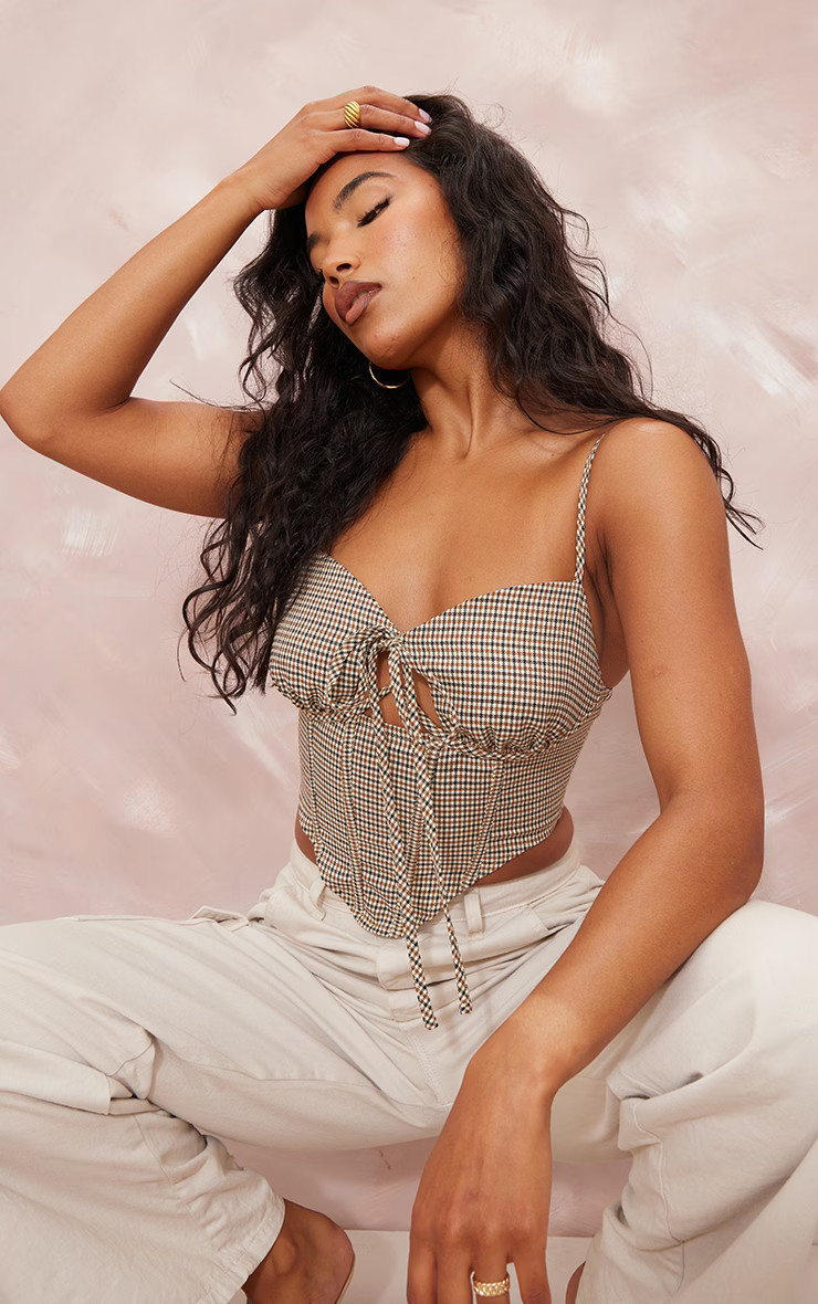 Brown Check Boned Bow Front Corset Top | PrettyLittleThing UK