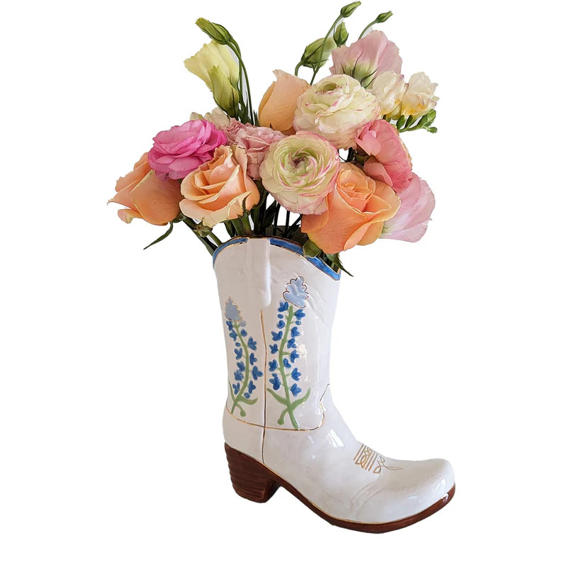 Lo Home x Petite Paloma Cowgirl Boot Vase- Quinn Bluebonnets | Ruby Clay Company