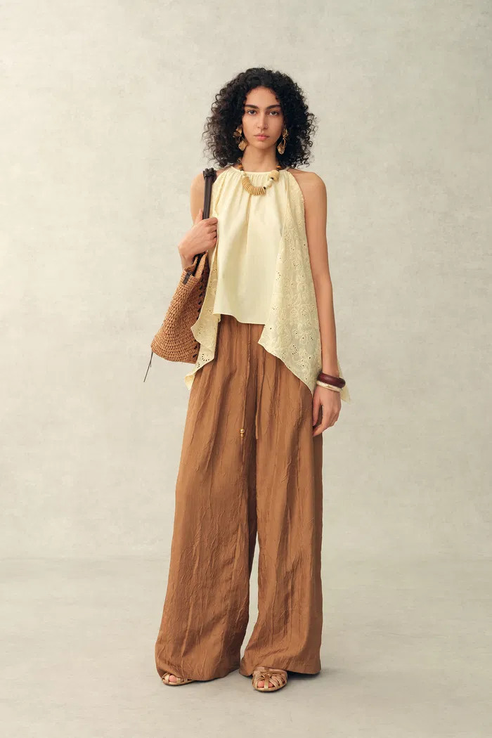 Hazel Lace Panel Halterneck Sleeveless Top in Silk Cotton Blend | Fabrique