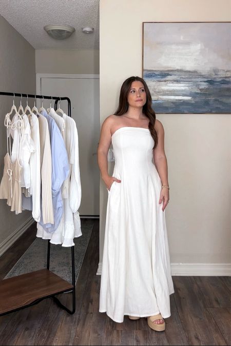 White strapless maxi dress, spring dress, summer dress. Bridal dress  I’m 5’1 Wearing size XXS. Length would be better for someone 5’3 or taller. 

#LTKfindsunder100 #LTKSeasonal #LTKstyletip