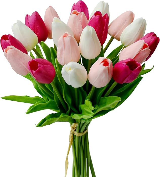 Mandy's Artificial Tulips 20 Stems Shades of Pink PU Faux Flowers for Valentine's Day and Easter ... | Amazon (US)