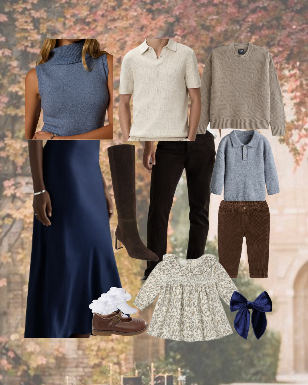 Fall family photo outfits with a softer navy, cream + chocolate brown color palette 🍂 I love mixing knits, corduroy and a subtle floral print to make coordinated family pictures feel elevated without being too matchy.
Mom: navy satin midi skirt, blue sleeveless turtleneck + chocolate brown knee-high boots
Dad: cream knit polo + dark brown corduroy pants
Toddler girl: cream floral Peter Pan collar dress, navy velvet bow, white ruffle socks + brown Mary Janes
Baby boy: blue knit polo sweater + brown corduroy pants
fall family photo outfits, navy family photo outfits, toddler girl family picture outfit, baby boy family picture outfit, coordinating family outfits, navy and brown family photos, floral toddler dress, brown corduroy pants, kids fall outfits, neutral family photo outfit ideas 

 #LTKmomlife #LTKSeasonal #LTKBaby