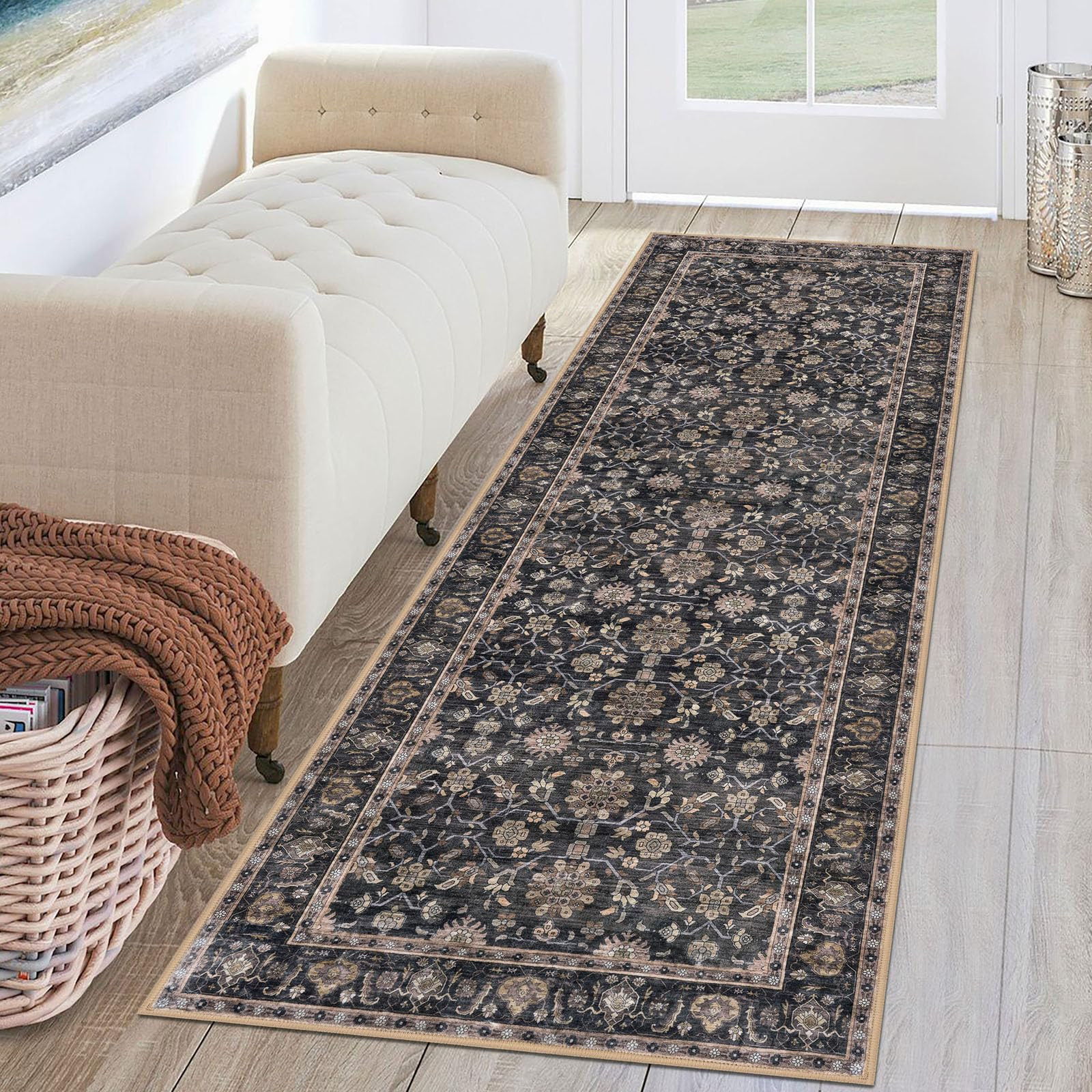 KUTA Runners for Hallways 2x6, Vintage Floral Rug Non-Slip Washable Kitchen Rugs Brown Ultra Thin... | Amazon (US)