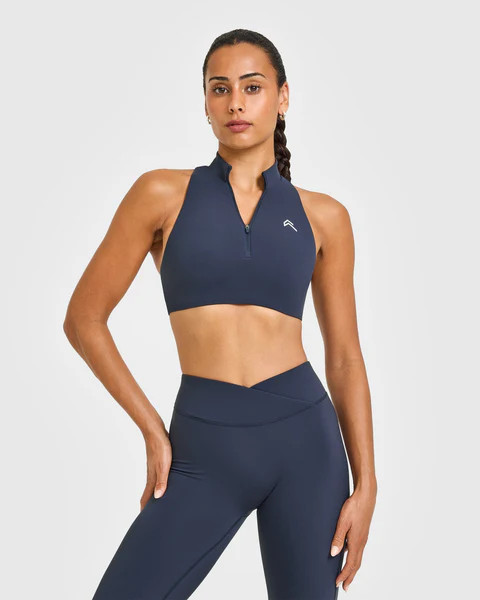EasyLift™ Zip High Neck Sports Bra with White Logo 
 True Blue | Oner Active (UK / US)