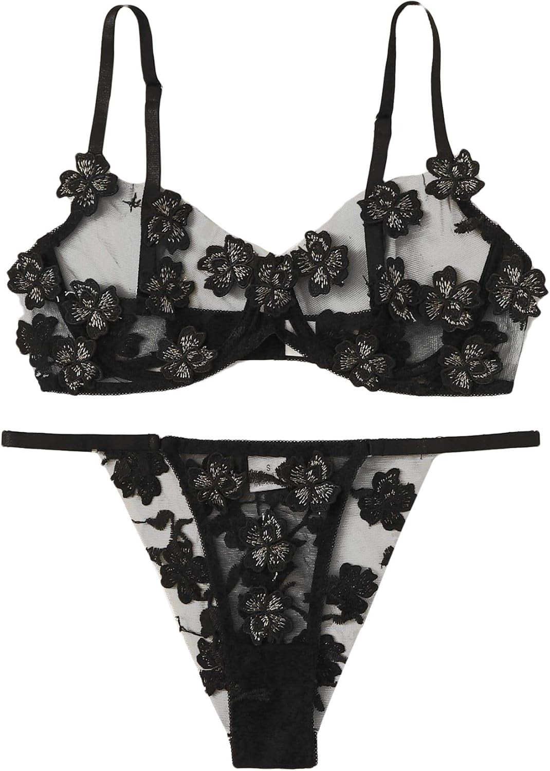 Floerns Women's Sexy Applique Lace Underwire Bra Top and Thong Lingerie Set | Amazon (US)