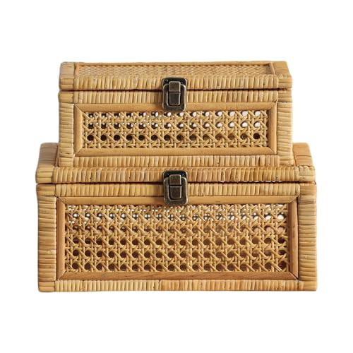 HuiDao Rattan Decorative Box with Lids, Rectangular Woven boxes for home decor, Boho Display Wicker Cane Storage Basket Set of 2 | Amazon (US)