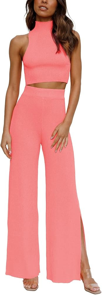 ARTFREE Womens 2 Piece Outfits Sets Casual Sweatsuits Streetwear, Ribbed Knit Palazzo Wide Leg Pants | Amazon (US)