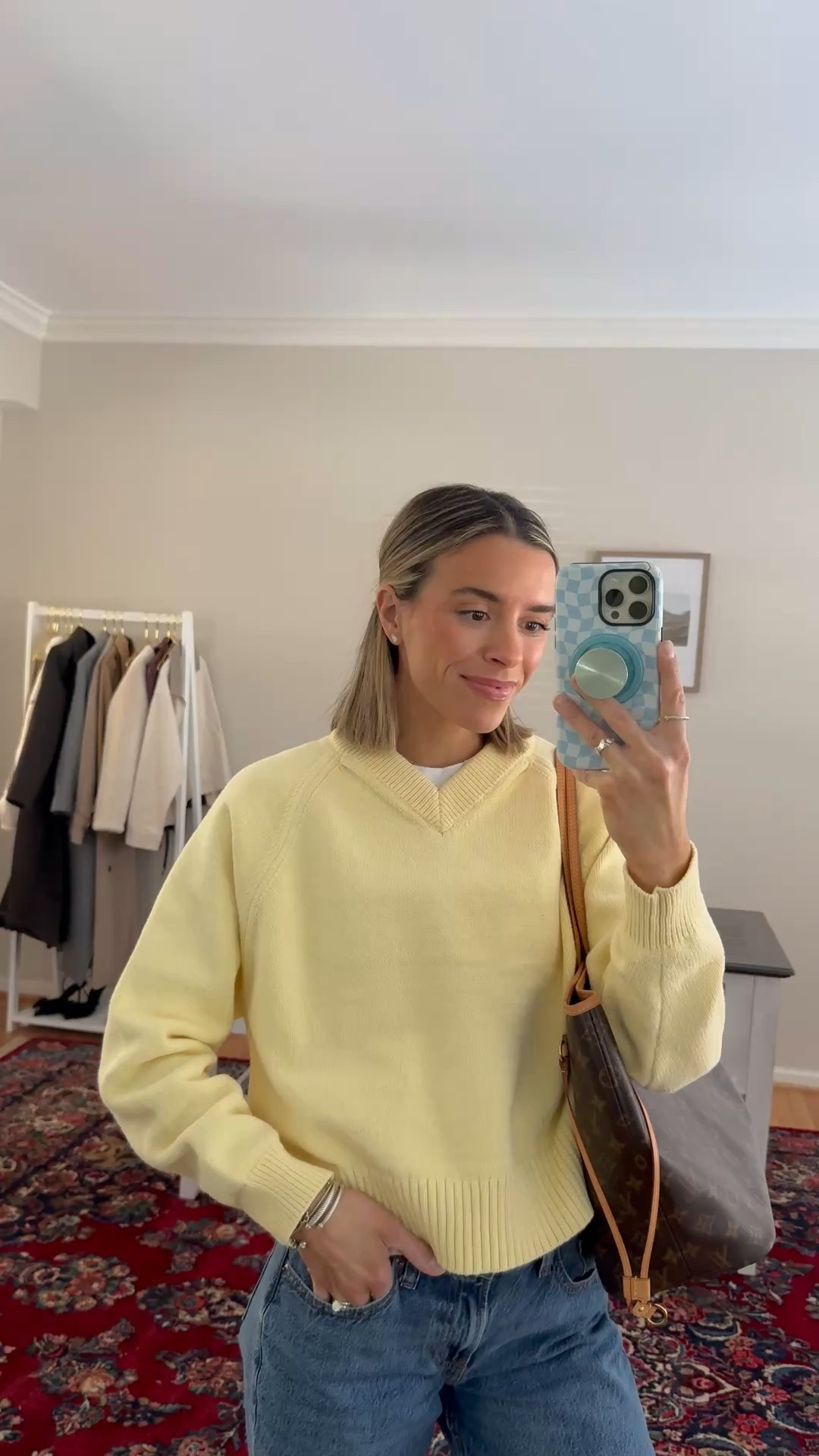 small sweater 
jeans size down to 24 (usually 25)
Medium wash 

#LTKmomlife #LTKootd #LTKgrwm