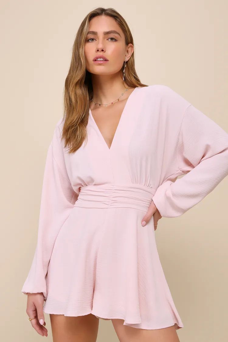 Sweetly Effortless Blush Pink Long Sleeve V-Neck Romper | Lulus