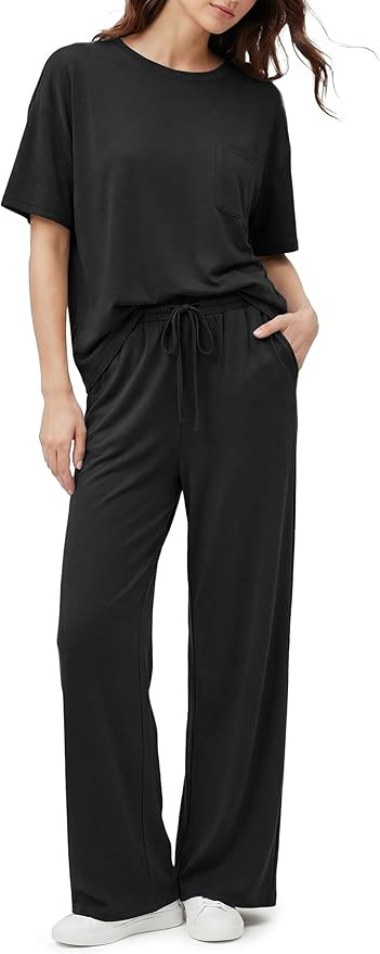 Women's Lyocell Cotton Pajamas Sets 2 Piece Relaxed Pjs Short Sleeve Top Drawstring Pants Loungew... | Amazon (US)