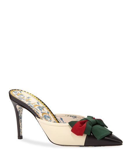 Gucci Leather Cap-Toe Mule with Web Bow | Bergdorf Goodman