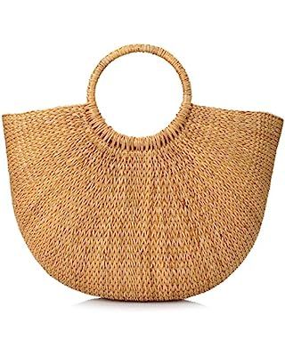 Hand-woven Straw Large Hobo Bag for Women Round Handle Ring Toto Retro Summer Beach Straw Bag | Amazon (US)