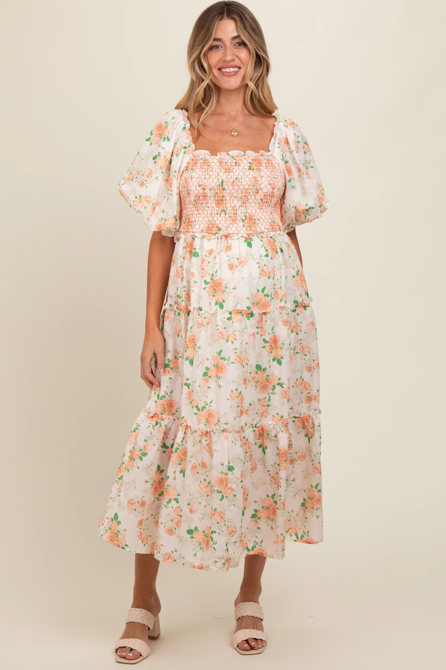 Peach Floral Smocked Puff Sleeve Maternity Midi Dress | PinkBlush Maternity
