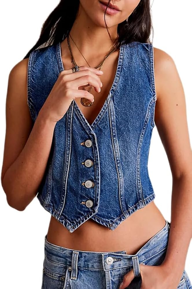 Women Vintage Y2K Denim Vest Sexy V Neck Button Down Cropped Jean Corset Sleeveless Waistcoat Tan... | Amazon (US)