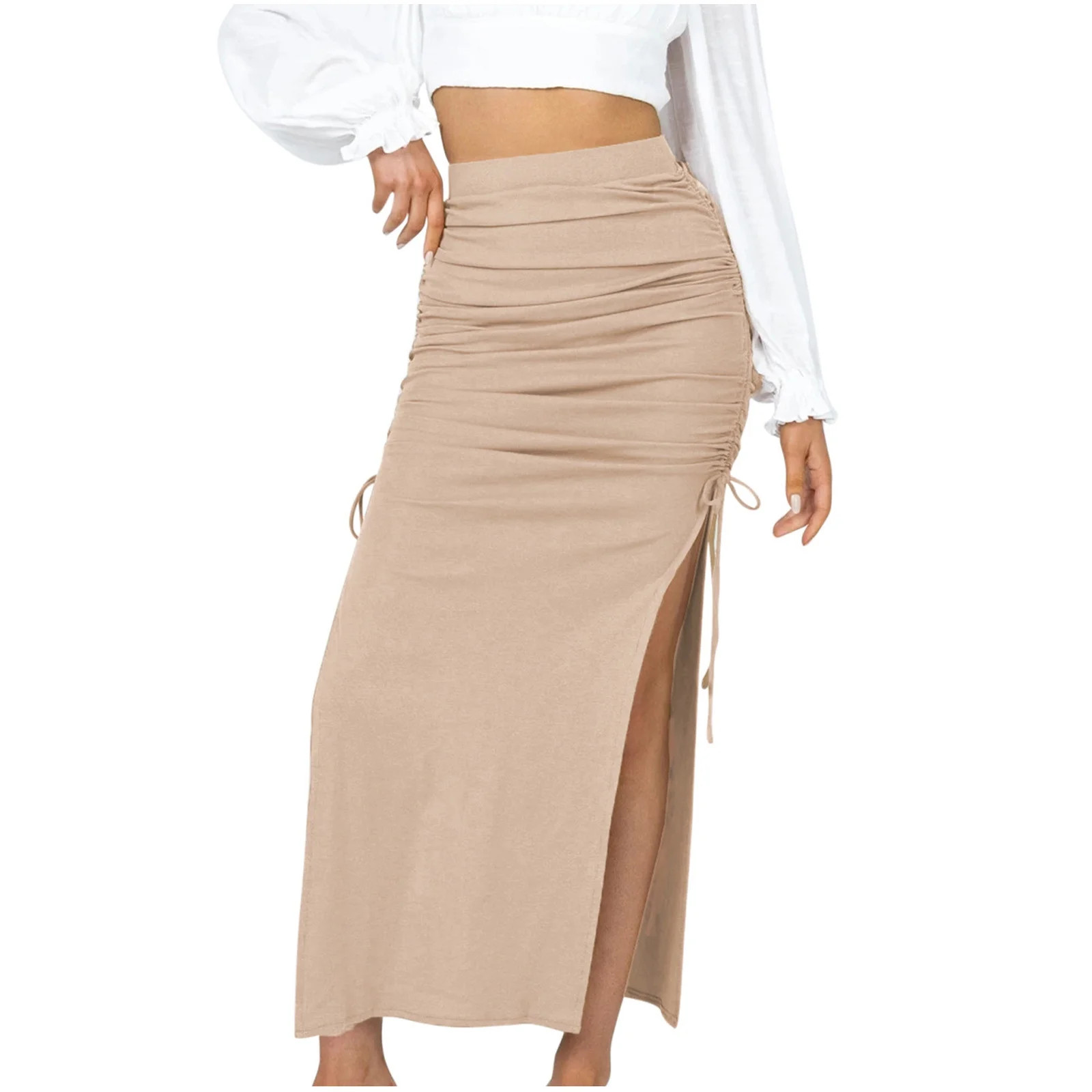 Women's Summer Maxi Skirt High Waisted Drawstring Ruched Solid Bodycon Skirt Side Split Slim Fit ... | Walmart (US)