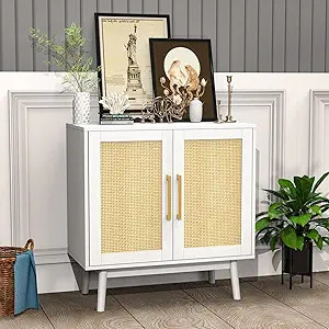 RESOM White Sideboard Buffet Cabinet, Rattan Accent Storage Cabinet with Adjustable Shelves for K... | Amazon (US)