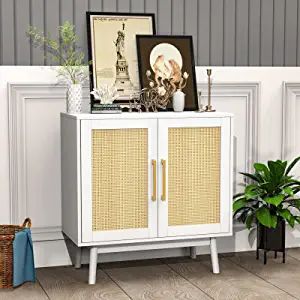 RESOM White Sideboard Buffet Cabinet, Rattan Accent Storage Cabinet with Adjustable Shelves for K... | Amazon (US)