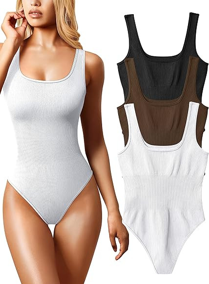 OQQ Women's 3 Piece Bodysuits Sexy Ribbed Sleeveless Square Neck Sleeveless Tank Tops Bodysuits | Amazon (US)