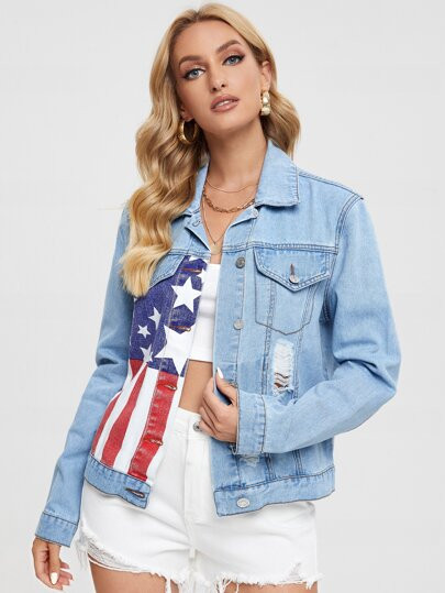 American Flag Print Flap Pocket Ripped Detail Denim Jacket | SHEIN