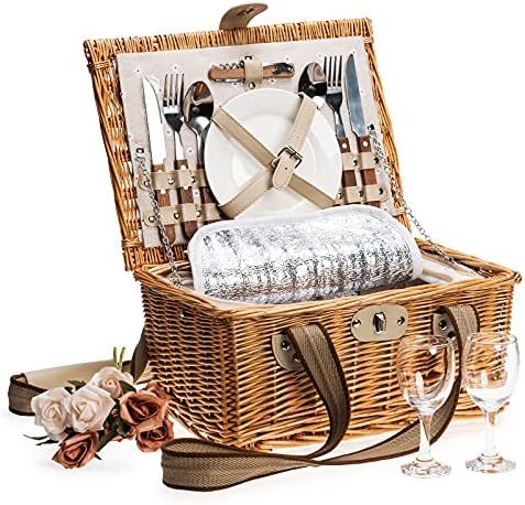 JOLLY HOME Picnic Basket Set For 2 Persons, Willow Picnic Basket With Insulated Cooler & Two Wove... | Amazon (US)