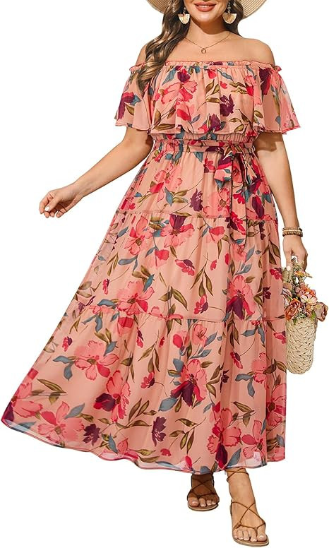 Plus Size Chiffon Off The Shoulder Maxi Long Floral Summer Casual Beach Boho Sundress Women 2024 | Amazon (US)