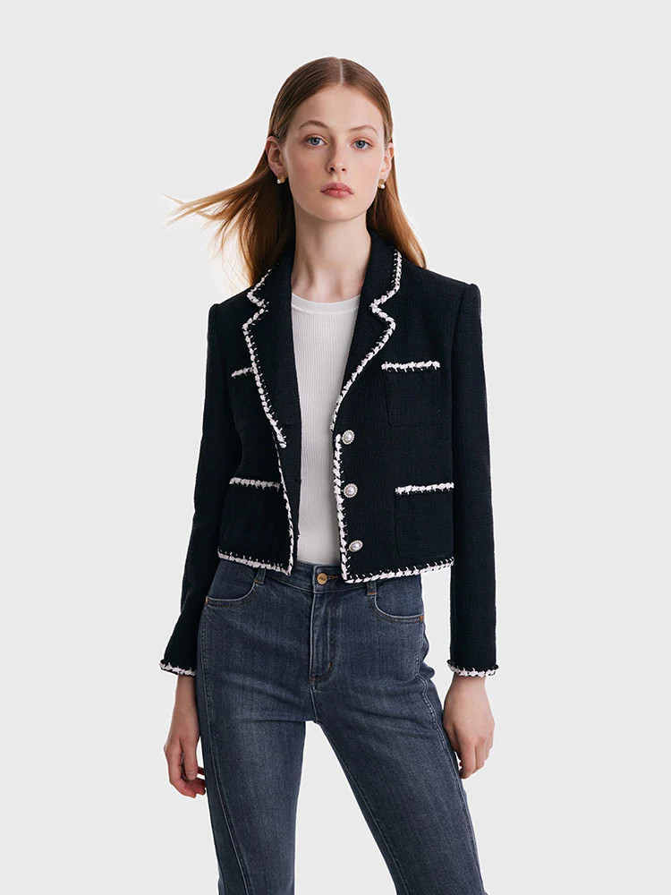 Tweed Contrast Trim Women Crop Jacket | GOELIA