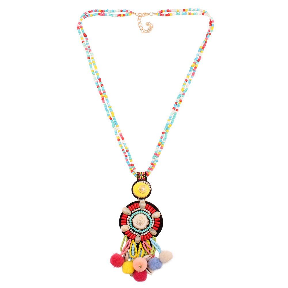 Chunky Bead Pendant Women Colorful Bib Long Chain Shell Pom Poml Ethnic Necklace | Amazon (US)