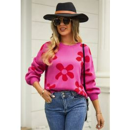 Cuteness Flowers Boxy Round Neck Knit Sweater in Hot Pink | Chicwish