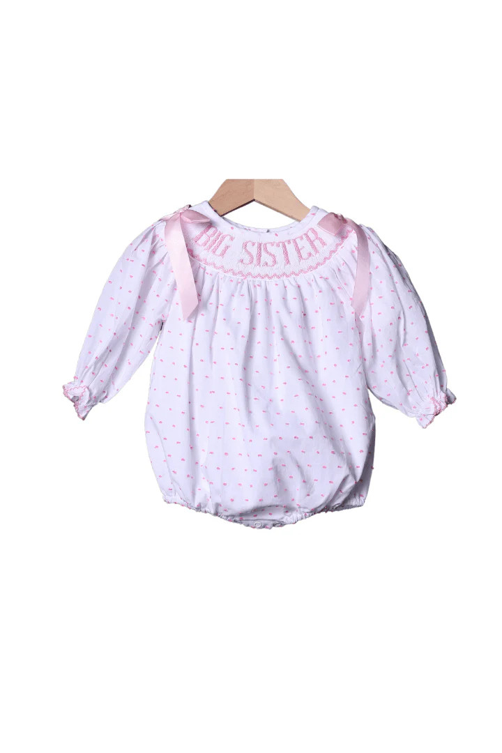 Smocked PINK Swiss Dot Big Sister Long Sleeve Bubble | The Smocked Flamingo