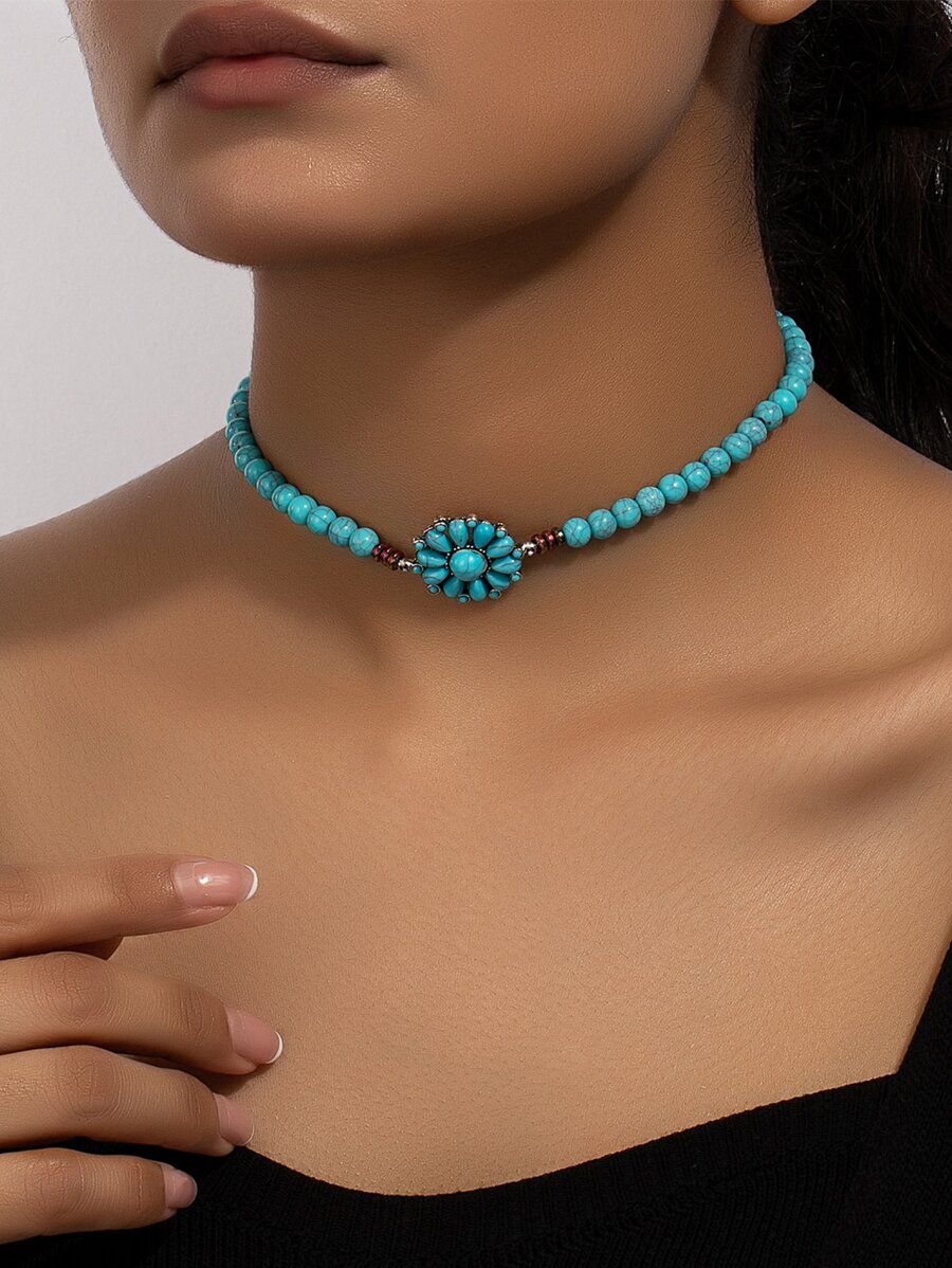 1 Pc Western Turquoise Decor Beaded Choker Necklace for Women | SHEIN