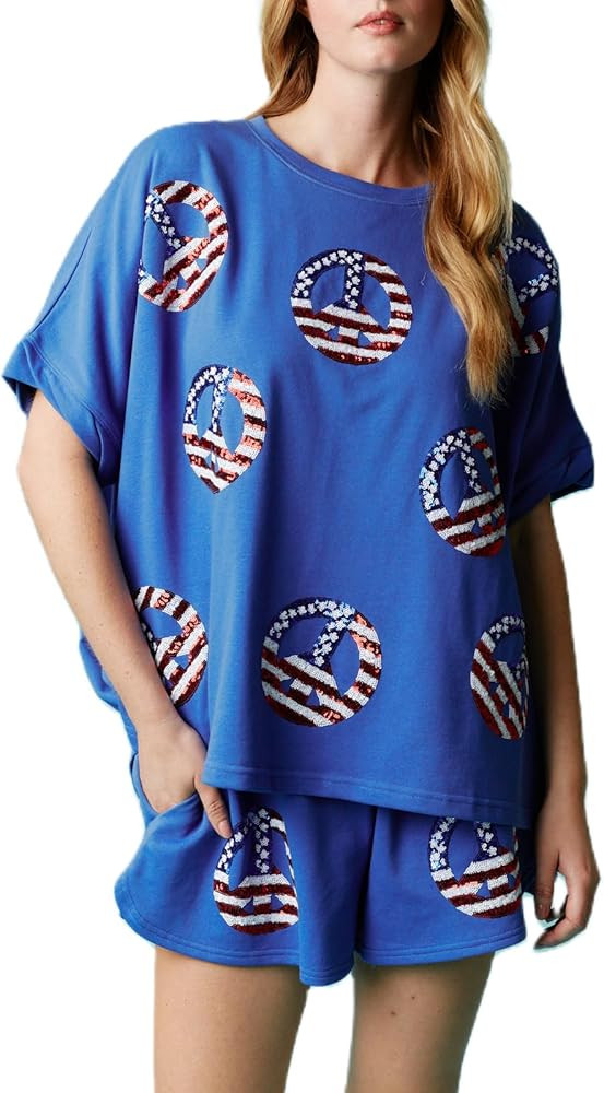 Argeousgor Women 4th of July Outfit Sequin American Flag T-Shirt Oversized Side Split Top Shorts ... | Amazon (US)