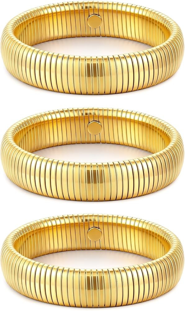 Gold Bangles for Women Set of 3 Chunky Stretch Bangles Bracelets 24K Gold Plated Stainless Steel ... | Amazon (US)