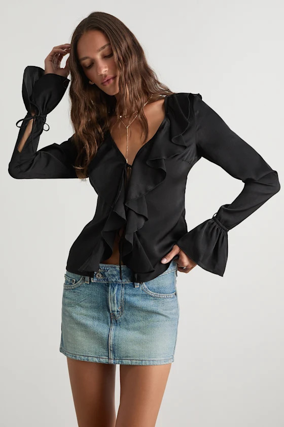 Tanisha Black Satin Ruffled Tie-Front Long Sleeve Top | Lulus