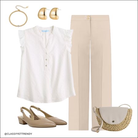 Business casual outfits to wear to work or everyday if you need an elevated wardrobe! ✔️ All outfits are from the Business Casual Summer 2024 capsule wardrobe collection, which includes convenient online shopping links, 100 outfit ideas, a travel packing guide, plus more. ☀️ 

White eyelet top
Trouser pants
Slingback pumps 
Straw crossbody bag
