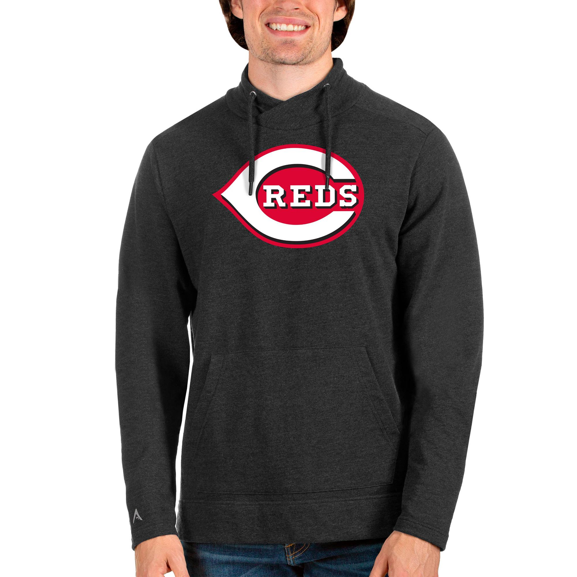 Men's Antigua Heathered Black Cincinnati Reds Reward Pullover Sweatshirt | Fanatics