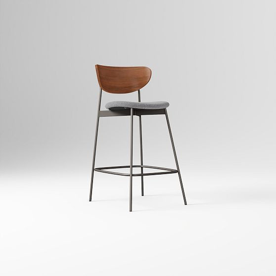Modern Petal Wd/Uph Bar Stool Poly Performance Distressed Velvet Pewter New Dk Brz | West Elm (US)