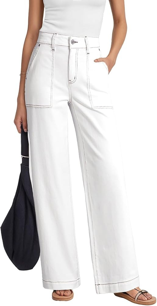 Dokotoo Women's Pants High Waisted Jeans Stretch Loose Fit Colorblock Denim Pants with Pocket | Amazon (US)