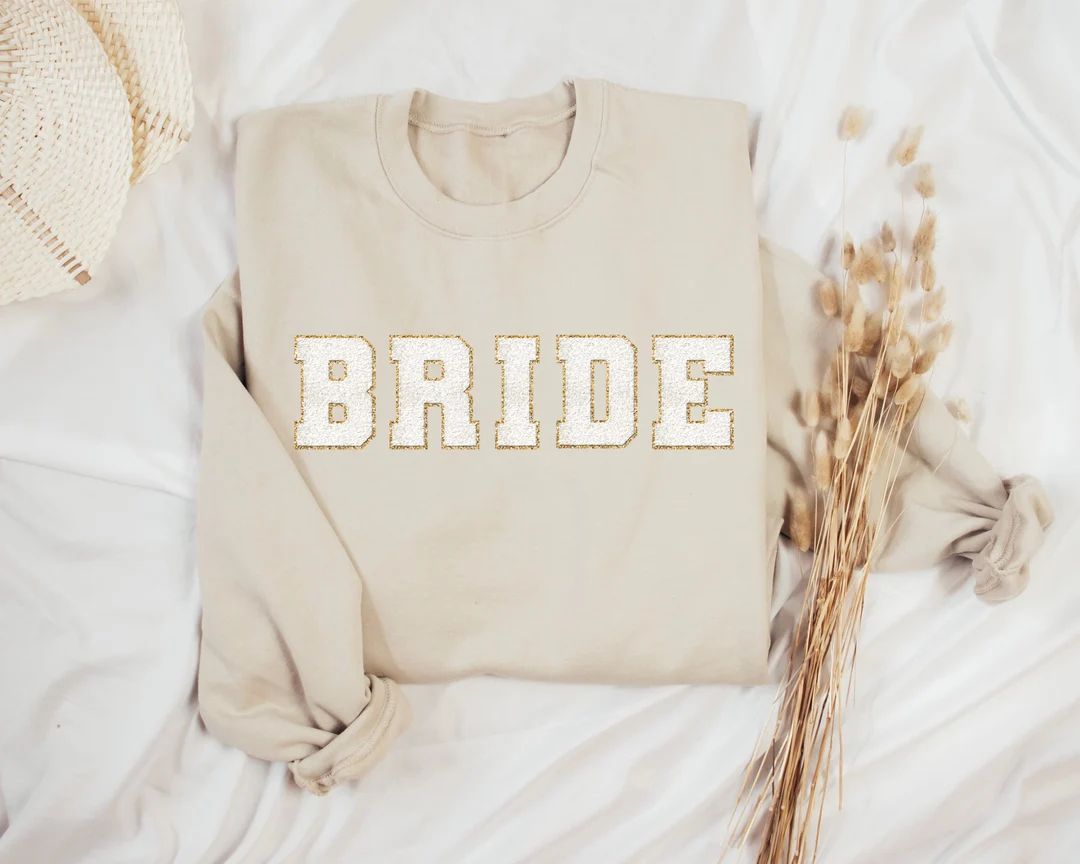BRIDE Sweatshirt, Printed Faux Chenille Bride Crewneck Sweatshirt, Honeymoon Sweater, Bride Gift,... | Etsy (US)