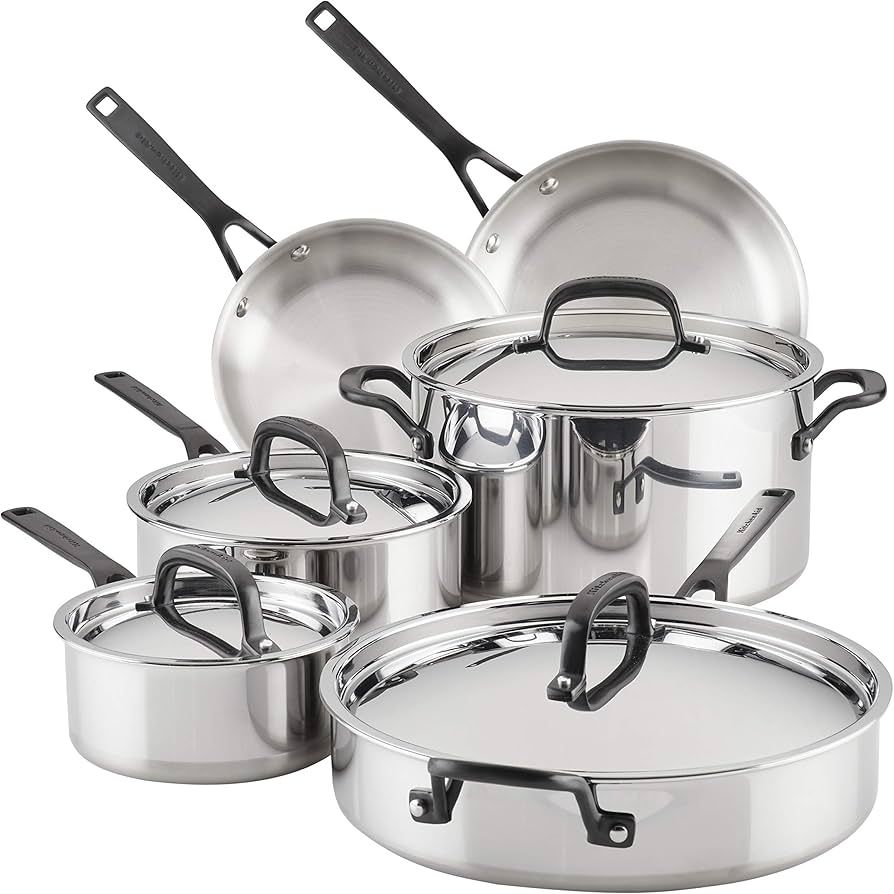 KitchenAid 5-Ply Clad Stainless Steel Cookware Pots and Pans Set, 10 Piece, Polished Stainless | Amazon (US)