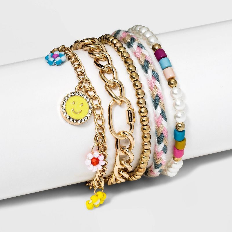 Smiley Face and Flowers Multi-Strand Bracelet - Wild Fable™ Gold | Target