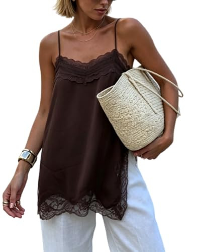 Women Y2k Chiffon Lace Trim Cami Tops Side Split Camisoles Brown | Amazon (US)