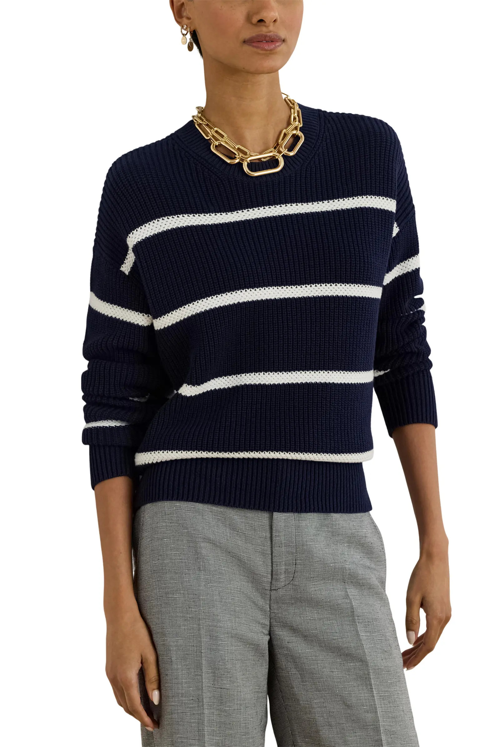 Lauren Ralph Lauren Stripe Combed Cotton Sweater | Nordstrom | Nordstrom