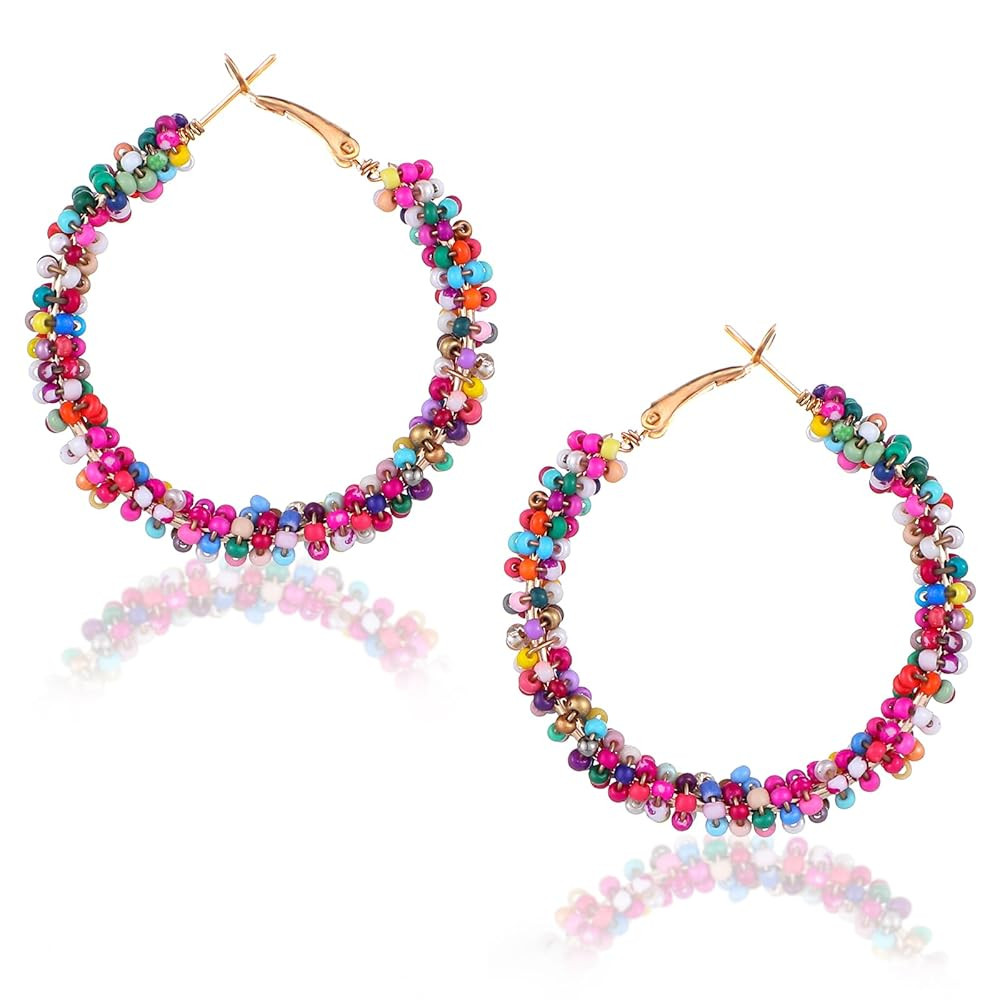 Boho Flower Hoop Earrings, Boho Beaded Earrings for Women Colorful Earrings Daisy Hoop Earrings F... | Amazon (US)